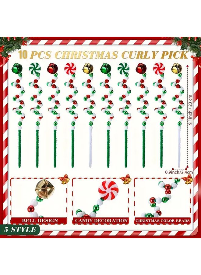 10pcs White Christmas Tree Picks Curly Bell Candy Cane Ornaments For Topper Decor - Image 3