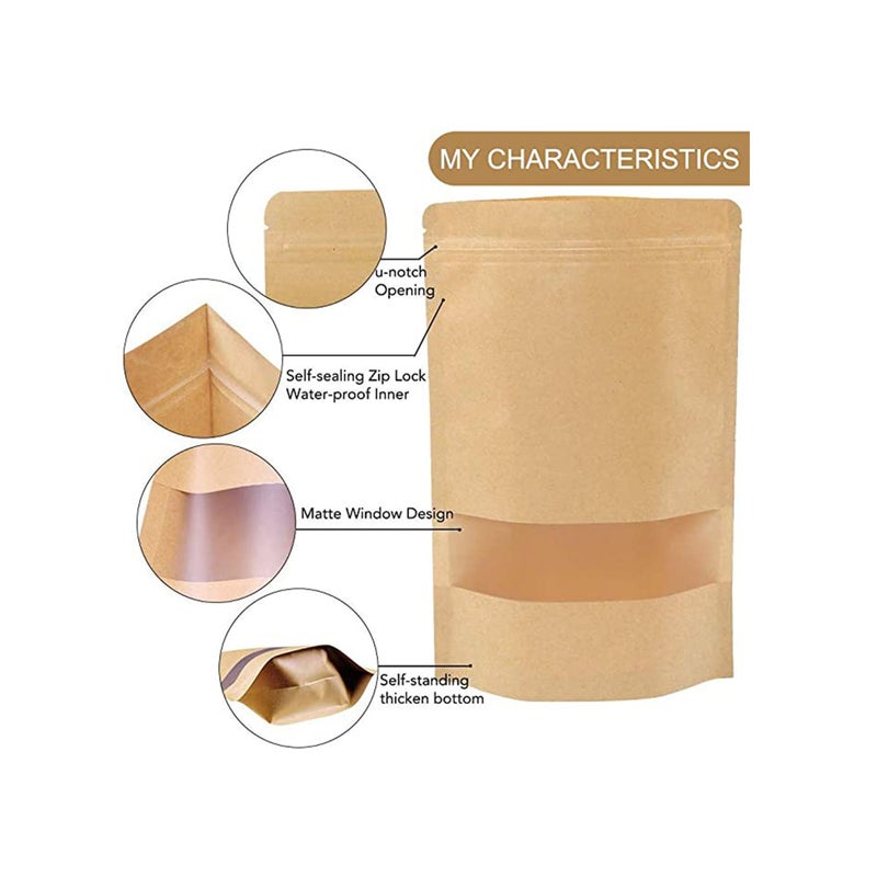 SOLARAE 100 قطعة أكياس كرافت قابلة للوقوف بحجم 3.5 × 5.5 بوصة مع سحاب قفل قابل للإغلاق ونافذة شفافة، أكياس تخزين الطعام متعددة الأغراض للاستخدام المنزلي أو التجاري - Image 3