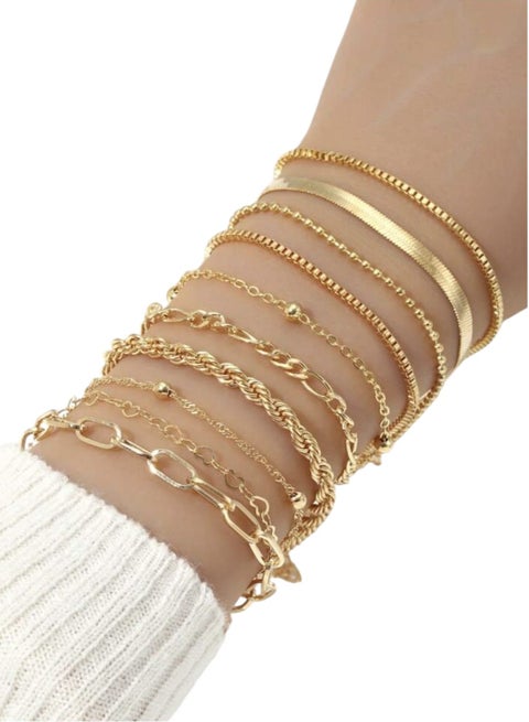 10pcs Women's Large Gradient Bracelet Set, Simple Classic Snake Chain Braid Design Jewelry, Suitable for Daily Wear or Gifts