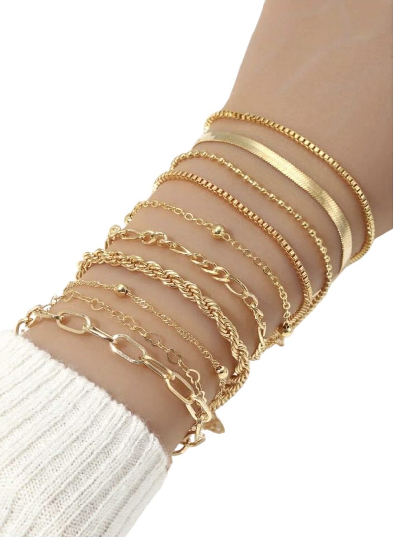 10pcs Women's Large Gradient Bracelet Set, Simple Classic Snake Chain Braid Design Jewelry, Suitable for Daily Wear or Gifts