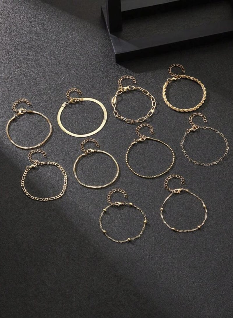 10pcs Women's Large Gradient Bracelet Set, Simple Classic Snake Chain Braid Design Jewelry, Suitable for Daily Wear or Gifts