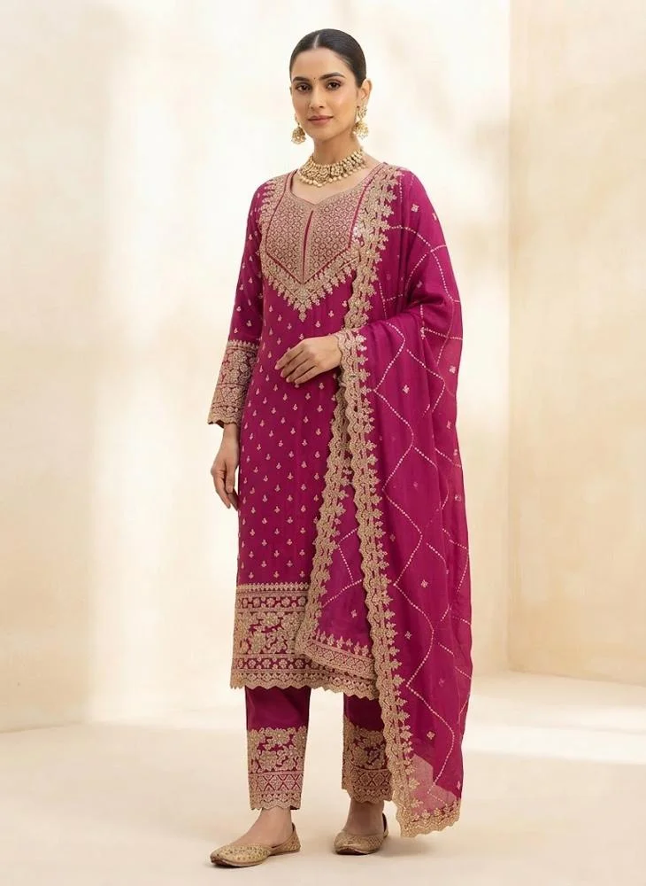 Viny VINY Rani Pink 3-Piece Embroidered Suit Set – Women's Indian Ethnic Wear