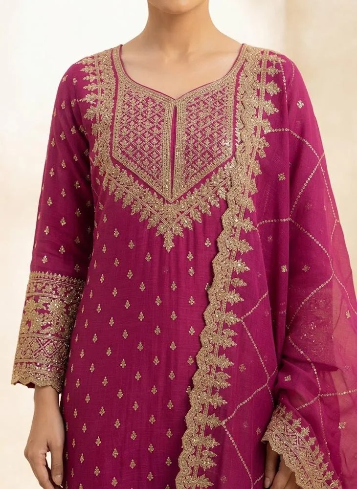 Viny VINY Rani Pink 3-Piece Embroidered Suit Set – Women's Indian Ethnic Wear