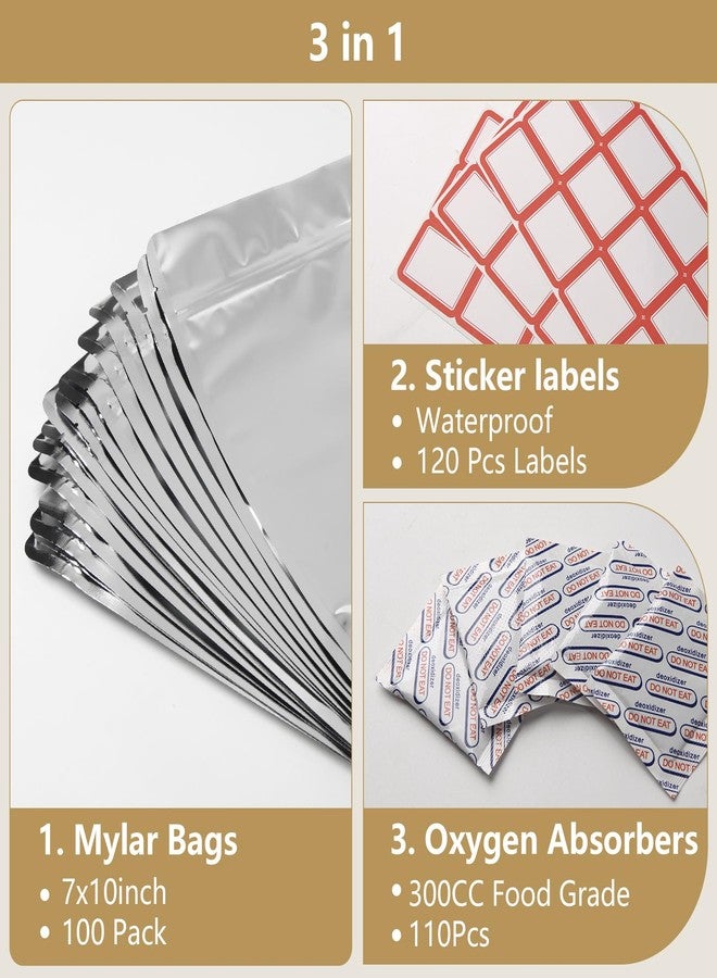 Belinlen 100 Pack 7 x 10 Inch Mylar Bags for Food Storage with Oxygen Absorbers 300CC(110Pcs) and Labels(120Pcs), 1 Quart Stand Up Resealable Mylar Bags(5mil Thickness) - Image 2
