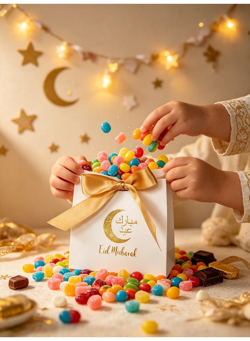 20PCS Eid Mubarak White Favor Boxes with Gold Ribbon for Treats & Candy - Image 3