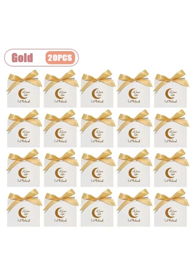 20PCS Eid Mubarak White Favor Boxes with Gold Ribbon for Treats & Candy - Image 5