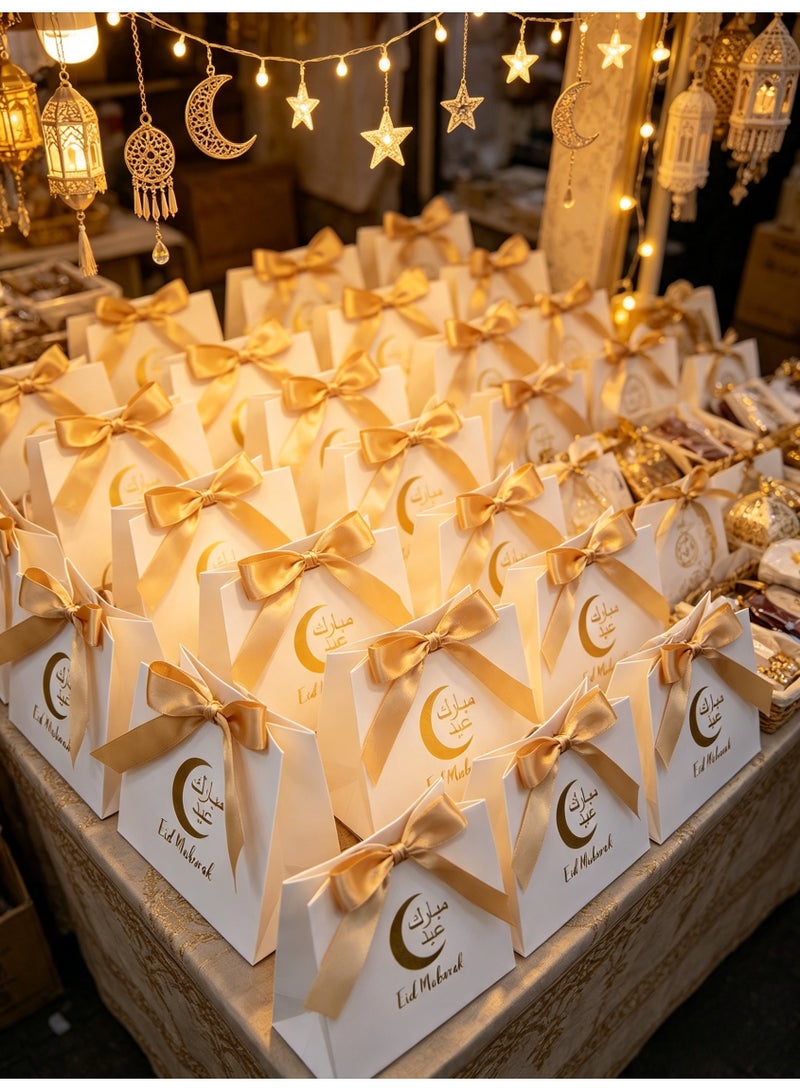 20PCS Eid Mubarak White Favor Boxes with Gold Ribbon for Treats & Candy - Image 4