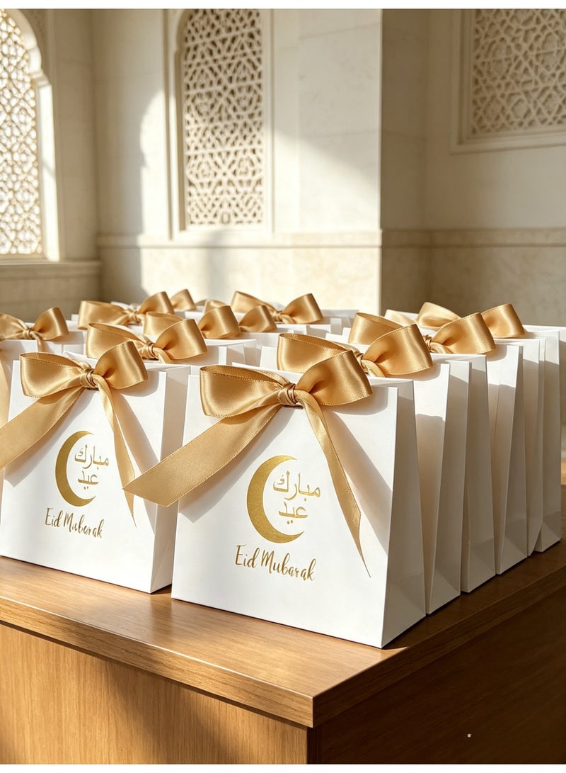 20PCS Eid Mubarak White Favor Boxes with Gold Ribbon for Treats & Candy - Image 1