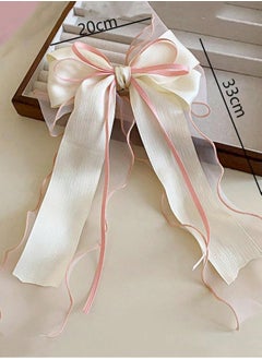 KHAJUL Mesh Ribbon Bow Hair Clip, Silky Satin Large Headband with Oversized Long Tail Bow Hair Clip Hair Accessory Large Bows for Girls Hair (White+Pink)  - Image 2