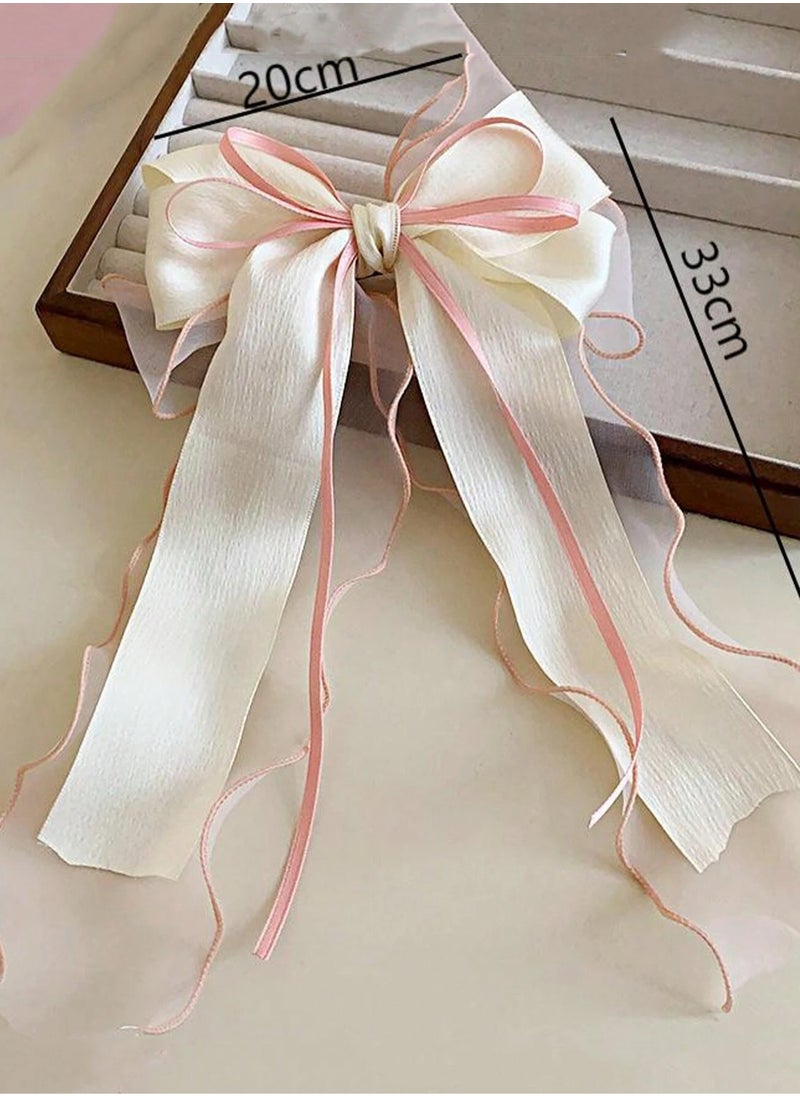 KHAJUL Mesh Ribbon Bow Hair Clip, Silky Satin Large Headband with Oversized Long Tail Bow Hair Clip Hair Accessory Large Bows for Girls Hair (White+Pink)  - Image 2