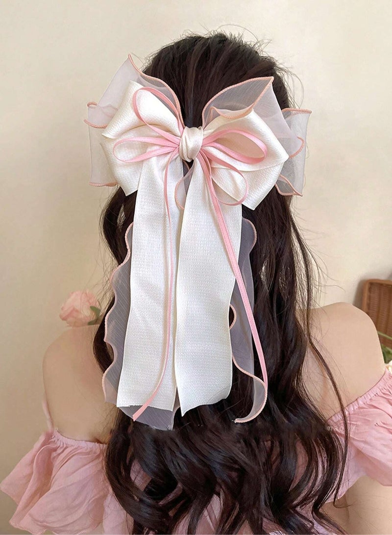 Mesh Ribbon Bow Hair Clip, Silky Satin Large Headband with Oversized Long Tail Bow Hair Clip Hair Accessory Large Bows for Girls Hair (White+Pink)