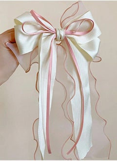 KHAJUL Mesh Ribbon Bow Hair Clip, Silky Satin Large Headband with Oversized Long Tail Bow Hair Clip Hair Accessory Large Bows for Girls Hair (White+Pink)  - Image 3