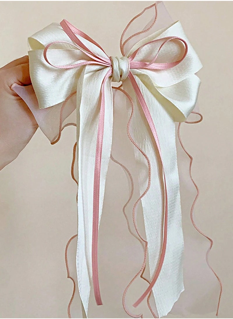 KHAJUL Mesh Ribbon Bow Hair Clip, Silky Satin Large Headband with Oversized Long Tail Bow Hair Clip Hair Accessory Large Bows for Girls Hair (White+Pink)  - Image 3