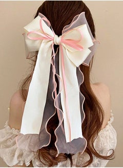 KHAJUL Mesh Ribbon Bow Hair Clip, Silky Satin Large Headband with Oversized Long Tail Bow Hair Clip Hair Accessory Large Bows for Girls Hair (White+Pink)  - Image 5