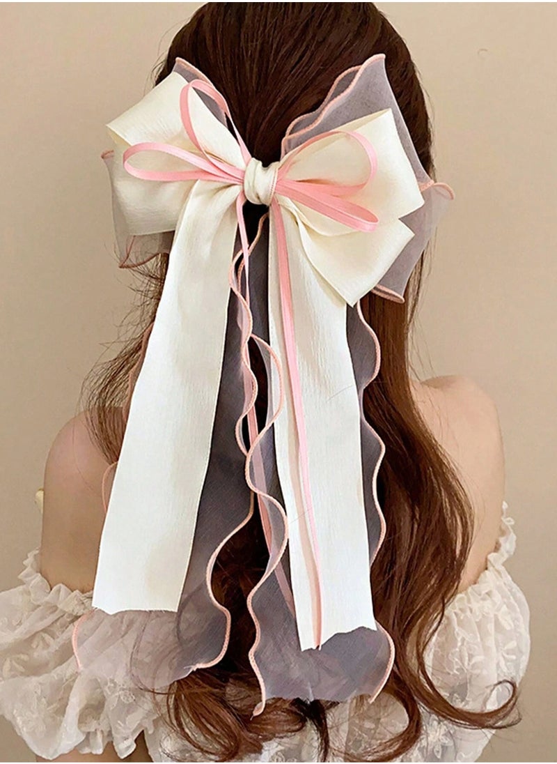 KHAJUL Mesh Ribbon Bow Hair Clip, Silky Satin Large Headband with Oversized Long Tail Bow Hair Clip Hair Accessory Large Bows for Girls Hair (White+Pink)  - Image 5