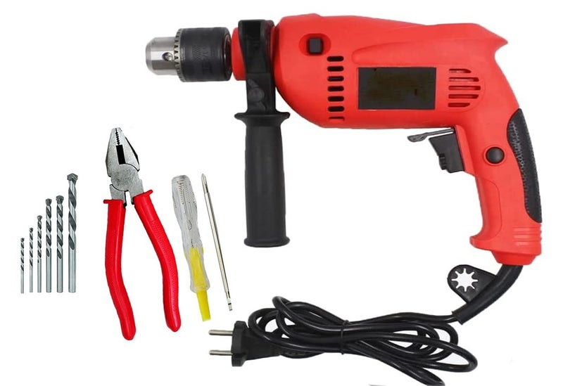 MLD 13mm Drill Machine Reverse Forward Rotation Speed Regulator with 5Pcs Masonry Drill Bit SetLine tester Plier 13 mm 550W2600RPM ColorMulti Material Plastic - Image 1