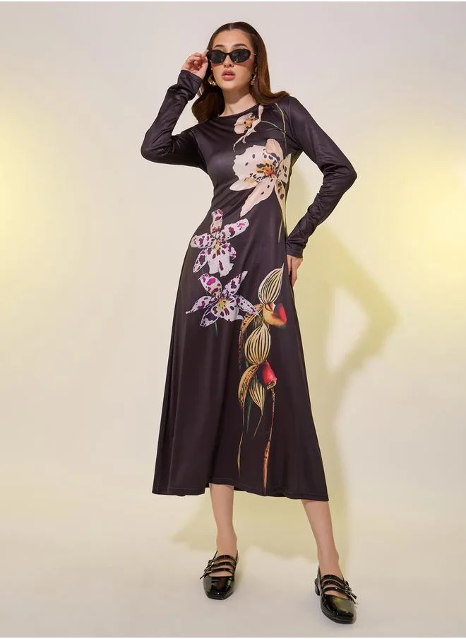 ستايلي Black Floral Print Long Sleeve A-Line Midi Dress