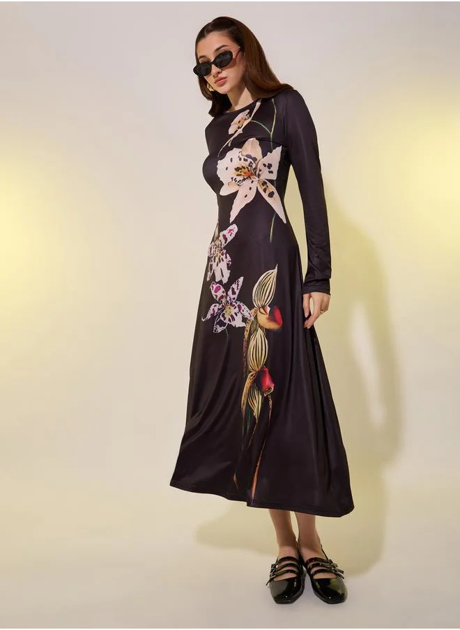 ستايلي Black Floral Print Long Sleeve A-Line Midi Dress