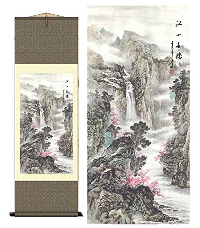 GRACE ART ASIAN WALL SCROLL BEAUTIFUL MOUNTAIN RIVER SCENE