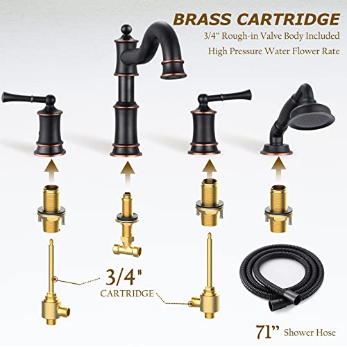 WINKEAR Roman Bathtub Faucet Set With Hand Shower 4 Hole Deck Mount Tub Filler With Diverter, 2 Lever Handle Rough-in Valve and Water Supply Lines Included for Bathroom Tub, ORB - Image 5