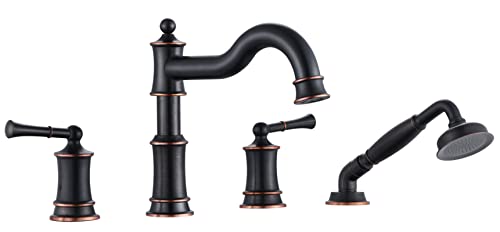WINKEAR Roman Bathtub Faucet Set With Hand Shower 4 Hole Deck Mount Tub Filler With Diverter, 2 Lever Handle Rough-in Valve and Water Supply Lines Included for Bathroom Tub, ORB - Image 1