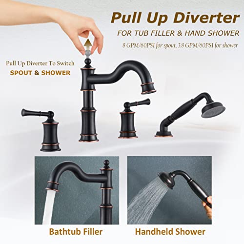 WINKEAR Roman Bathtub Faucet Set With Hand Shower 4 Hole Deck Mount Tub Filler With Diverter, 2 Lever Handle Rough-in Valve and Water Supply Lines Included for Bathroom Tub, ORB - Image 3