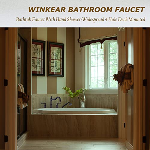 WINKEAR Roman Bathtub Faucet Set With Hand Shower 4 Hole Deck Mount Tub Filler With Diverter, 2 Lever Handle Rough-in Valve and Water Supply Lines Included for Bathroom Tub, ORB - Image 2