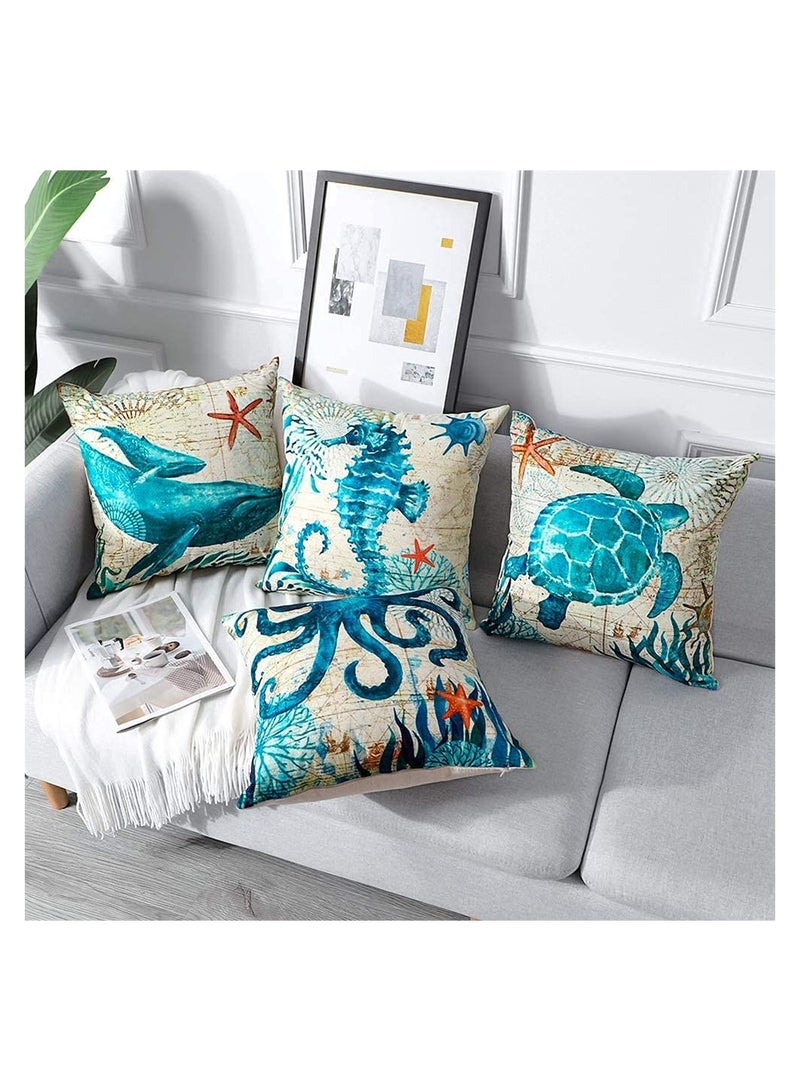 SYOSI 4Pcs Blue Marine Life Pattern Waterproof Cushion Covers for Outdoor Patio Garden Living Room Sofa Farmhouse Decor 18x18in - Image 2