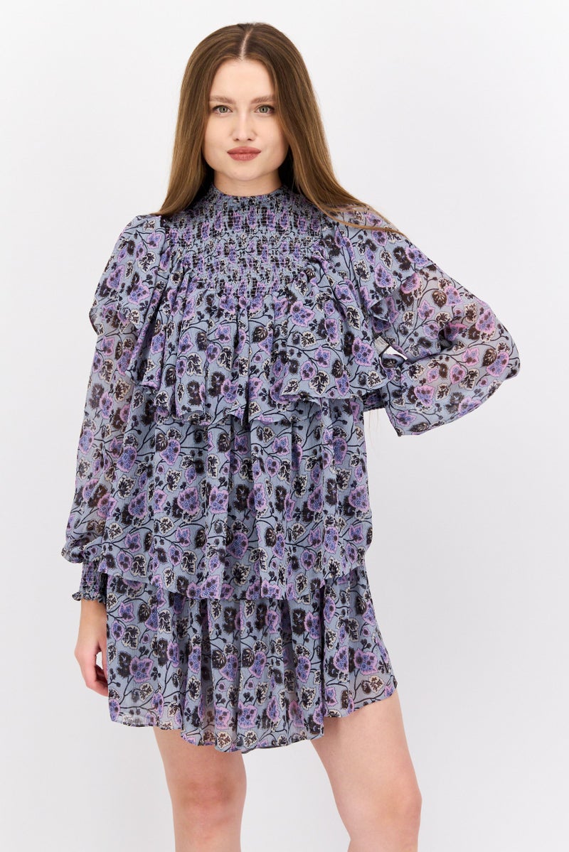 Cinq A Sept Women Floral  Tiered Detail Long Sleeve Mini Dress, Multicolor - Image 1