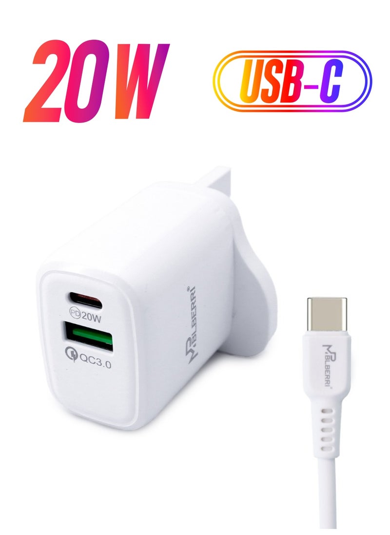 mpBLBERRI 20 Watt USB-A and USB-C PD Fast Charger With Type-C Cable mpBLBERRI BLB-T106  - Image 1