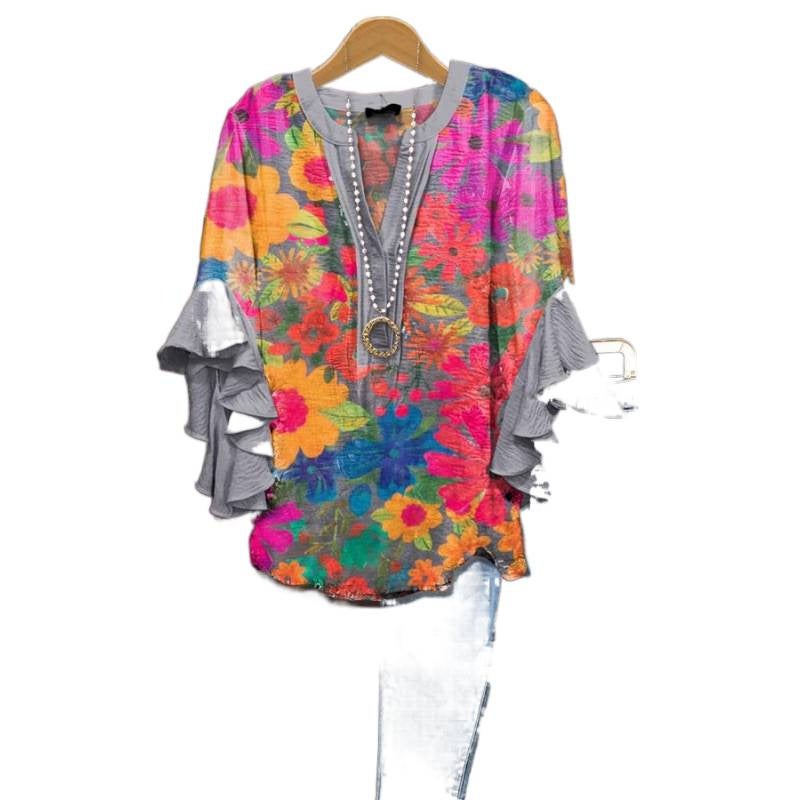 3D New Creative Floral Element Print Digital Print Casual Trendy V-Neck Ruffle T-Shirt Women''s Top - Image 5