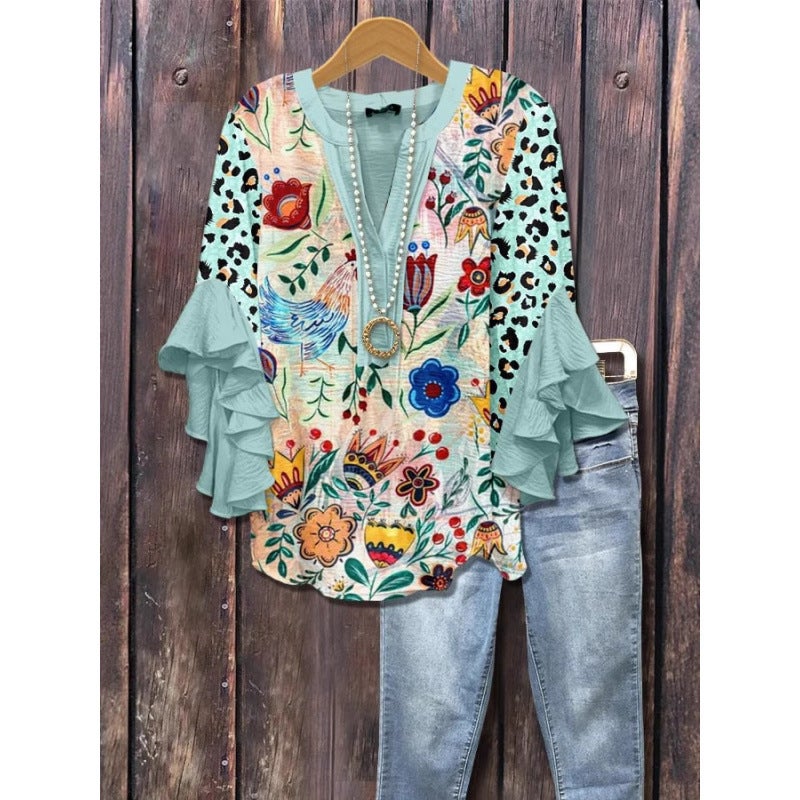 3D New Creative Floral Element Print Digital Print Casual Trendy V-Neck Ruffle T-Shirt Women''s Top - Image 4