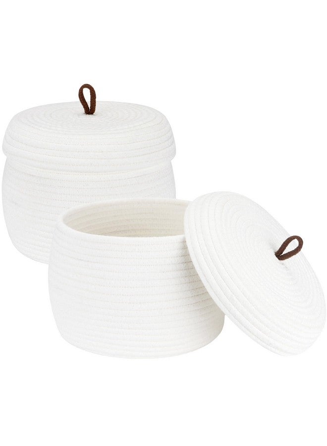 Sea Team Round Cotton Rope Storage Basket with Lid, Decorative Woven Storage Bin, Pot, Caddy, Organizer, Container for Snacks, Towels, Plants (White, Small/2-Pack) - Image 1