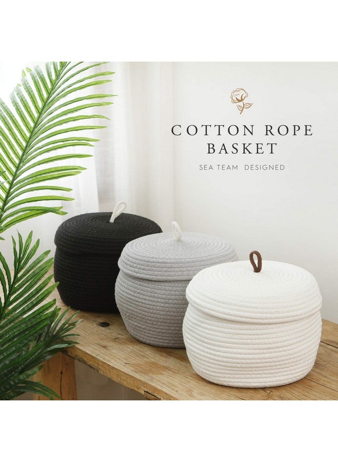 Sea Team Round Cotton Rope Storage Basket with Lid, Decorative Woven Storage Bin, Pot, Caddy, Organizer, Container for Snacks, Towels, Plants (White, Small/2-Pack) - Image 3