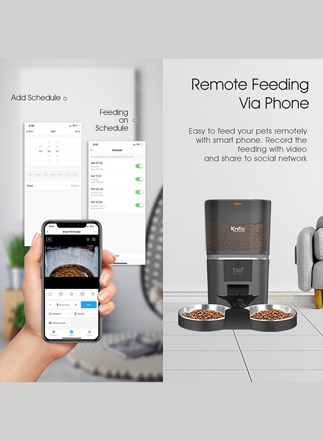 Knox Powering Generations Automatic Pet Feeder 6 L with 1080P Camera, WIFI Control for 2 Cats & Dogs Food Dispenser Feeder 2 Way Splitter Portion Control Voice Recorder Distribution Alarms - Black  - Image 4