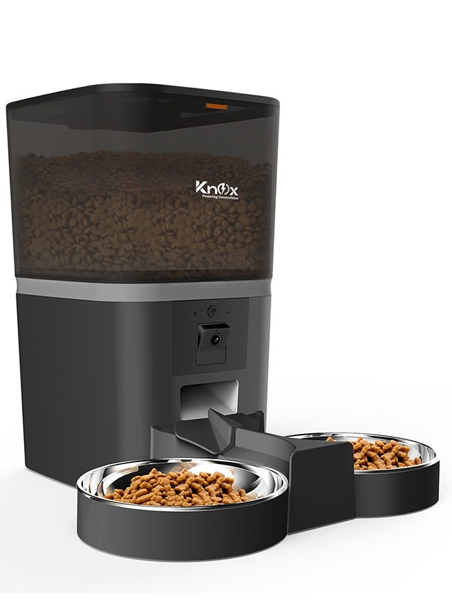 Knox Powering Generations Automatic Pet Feeder 6 L with 1080P Camera, WIFI Control for 2 Cats & Dogs Food Dispenser Feeder 2 Way Splitter Portion Control Voice Recorder Distribution Alarms - Black  - Image 1