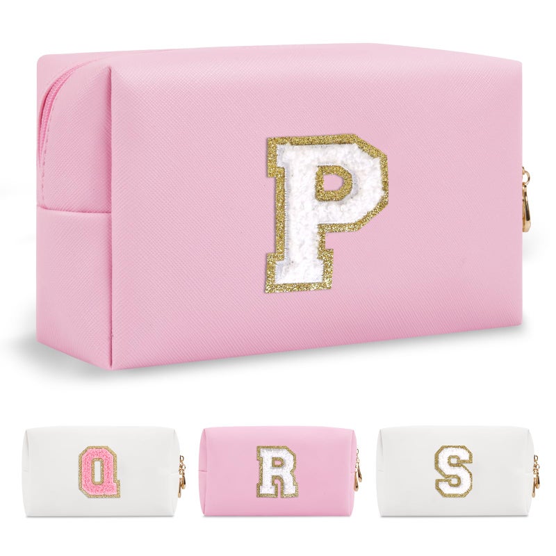 ChaoGreat حقيبة مكياج أولية مخصصة من A-Z Preppy Patch حقيبة مستحضرات تجميل صغيرة من Pu Chenille Letter مع سحاب للفتيات المراهقات وردي لطيف حقيبة منظم أدوات الزينة حقيبة مكياج هدية للنساء والفتيات حرف P - Image 1