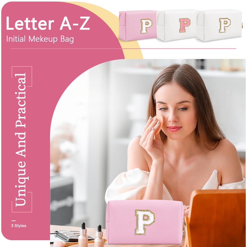 ChaoGreat حقيبة مكياج أولية مخصصة من A-Z Preppy Patch حقيبة مستحضرات تجميل صغيرة من Pu Chenille Letter مع سحاب للفتيات المراهقات وردي لطيف حقيبة منظم أدوات الزينة حقيبة مكياج هدية للنساء والفتيات حرف P - Image 5