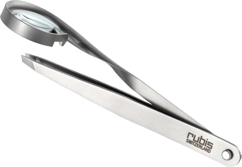 Rubis Classic Stainless Steel Slanted Tweezers with 8x Magnifying Glass for Precise Eyebrows and Hair Removal 1K120Rubis Switzerland Swiss Made World Renowned Precision