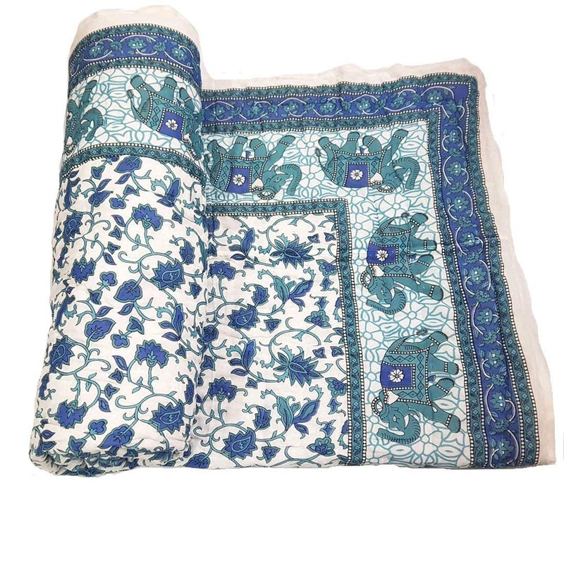 LOARSHY Pure Cotton Floral Quilt | Lightweight and Warm Jaipuri Rajasthani Double Bed Razai | Soft Razai for Winters |Gift Item (Blue and White) - Image 3
