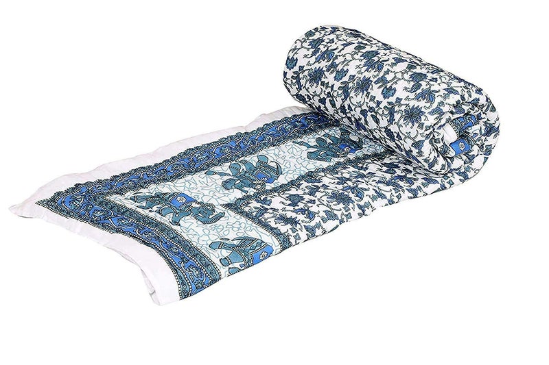 LOARSHY Pure Cotton Floral Quilt | Lightweight and Warm Jaipuri Rajasthani Double Bed Razai | Soft Razai for Winters |Gift Item (Blue and White) - Image 1