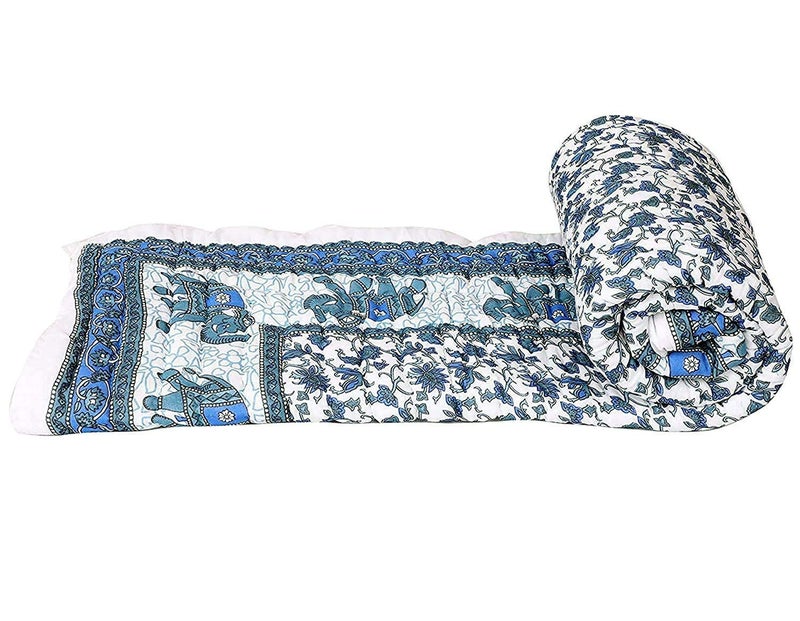 LOARSHY Pure Cotton Floral Quilt | Lightweight and Warm Jaipuri Rajasthani Double Bed Razai | Soft Razai for Winters |Gift Item (Blue and White) - Image 4
