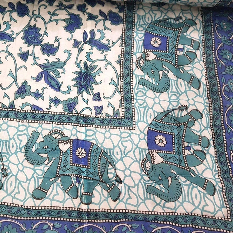 LOARSHY Pure Cotton Floral Quilt | Lightweight and Warm Jaipuri Rajasthani Double Bed Razai | Soft Razai for Winters |Gift Item (Blue and White) - Image 2