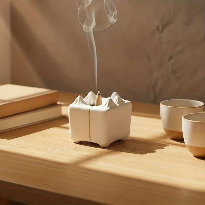 White Ceramic Incense Holder Mountain Range Candle Lamp Golden Tracing - Image 1