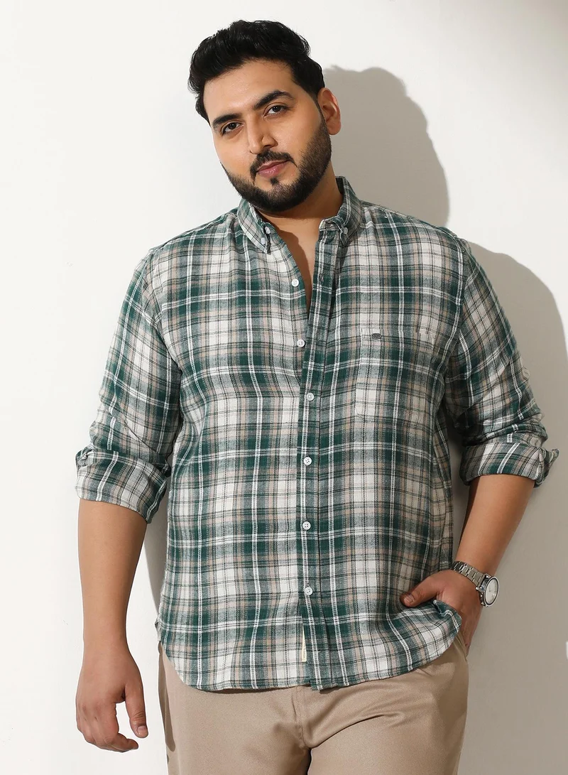 Instafab Plus Men Button-Down Ombre-Plaid Shirt | Button-Down Collar, Long Button-Cuff Sleeves | Button, Curved Hem | Plaid Jacquard Woven Fabric For Casual & Daily | Forest Green