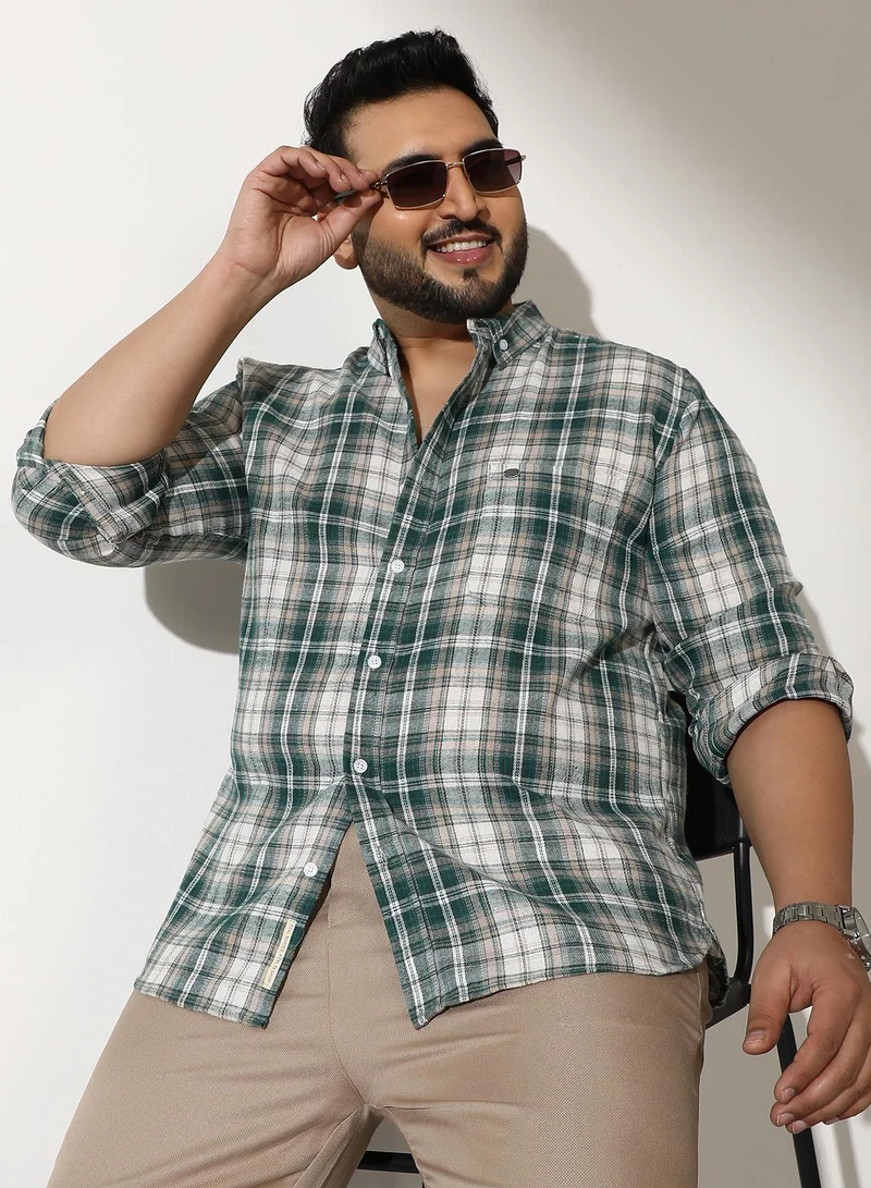 Instafab Plus Men Button-Down Ombre-Plaid Shirt | Button-Down Collar, Long Button-Cuff Sleeves | Button, Curved Hem | Plaid Jacquard Woven Fabric For Casual & Daily | Forest Green