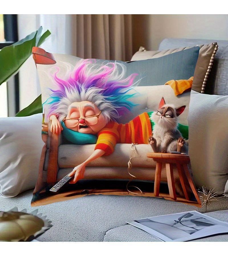 20 × 20 بوصة غطاء وسادة قطط جدة مضحك بنمط الفصول الأربعة من البوليستر مع سحاب، قابل للغسل في الغسالة، باللون البيج الفاتح، كيس وسادة لطيف مناسب للسرير والأريكة والكرسي المريح وديكور المنزل، طباعة على الوجهين، هدية وديكور، لا يشمل الحشوة الداخلية. - Image 2