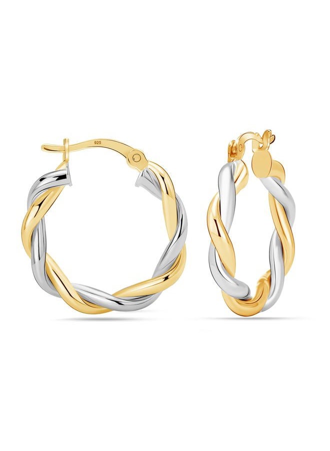 LeCalla 925 Sterling Silver Hoop Earrings for Women Teen | Two-Tone Twisted Round Click-Top Hoop Earring 20MM - Image 1
