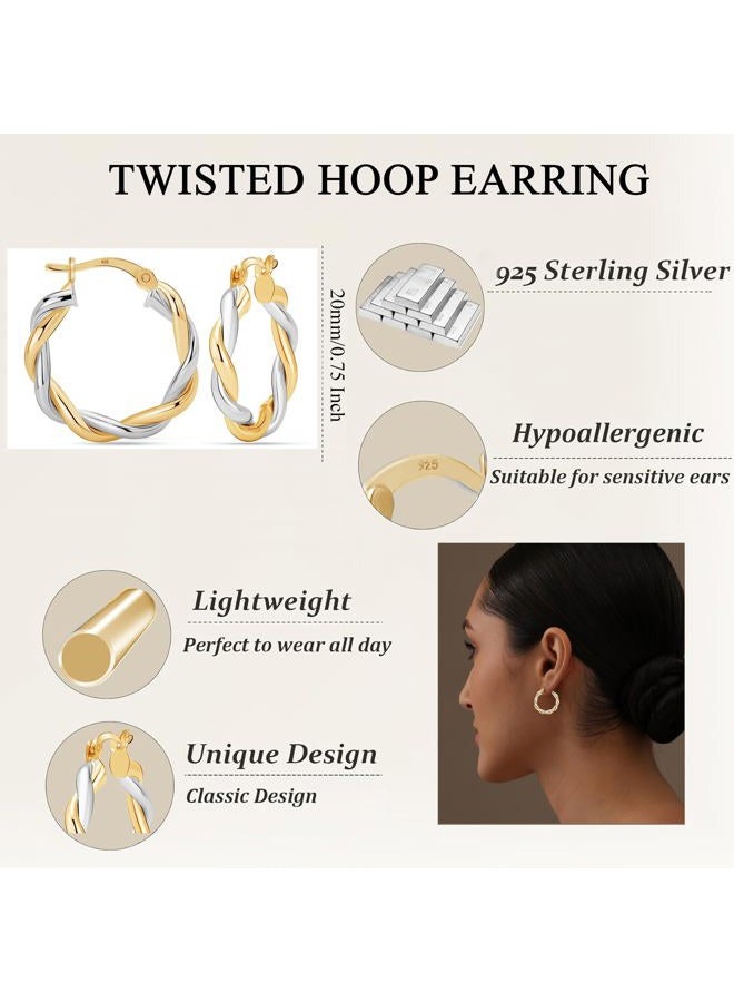 LeCalla 925 Sterling Silver Hoop Earrings for Women Teen | Two-Tone Twisted Round Click-Top Hoop Earring 20MM - Image 3