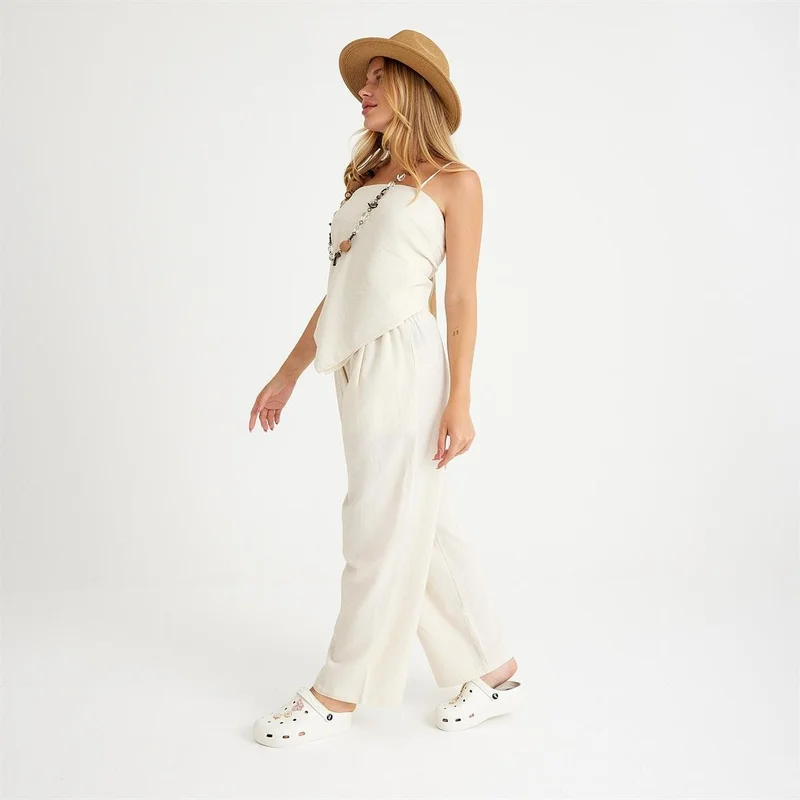 Miespiga 100% Cotton Woven Strap Tie Back Blouse-Pants 2-Piece Set